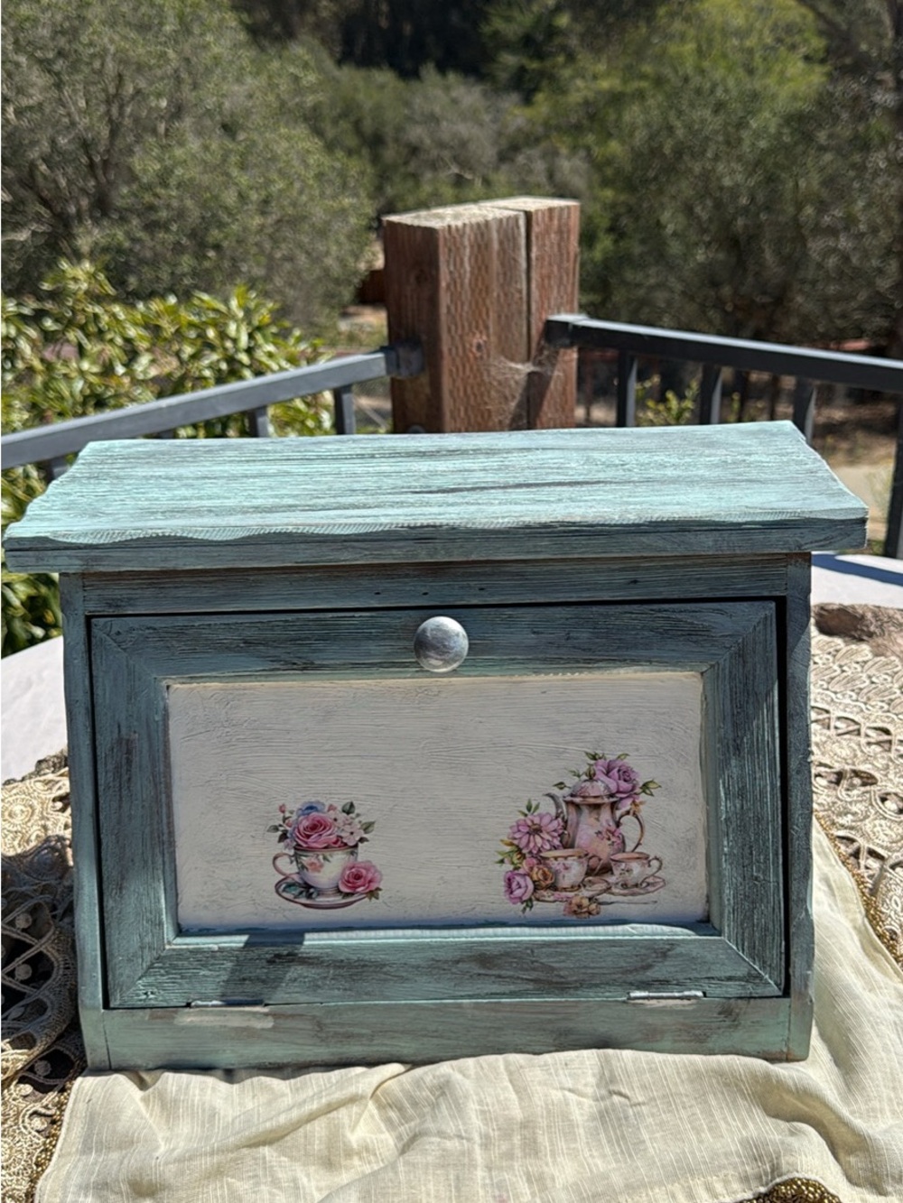 Hand-Painted Blue Wooden Bread Box with Floral Decals